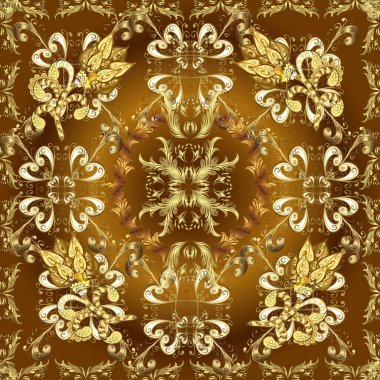 Damask pürüzsüz süsü. Klasik oryantal desen kahverengi, bej ve sarı renkler üzerine. Geleneksel ve altın desen.