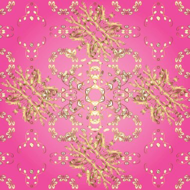 Sarı, nötr ve pembe renklerde altın elementlerle kusursuz desen. Klasik klasik klasik arka plan. Geleneksel oryantasyon süsü. Kusursuz klasik altın desen.