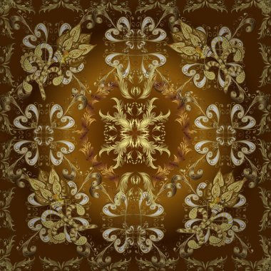 Bej, kahverengi ve sarı renklerde altın elementler. Duvar kâğıdı barok, İspanyol kumaşı. Kusursuz vektör arkaplanı. Şık bir grafik desen. Çiçek deseni.