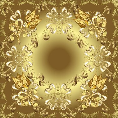 Paisley 'ler zarif çiçek desenli arka plan duvar kâğıdı çizimleri, kaliteli, modern, üç boyutlu sanat eseri, altın ve kahverengi, sarı ve nötr desenli çiçek yaprakları, süsler.