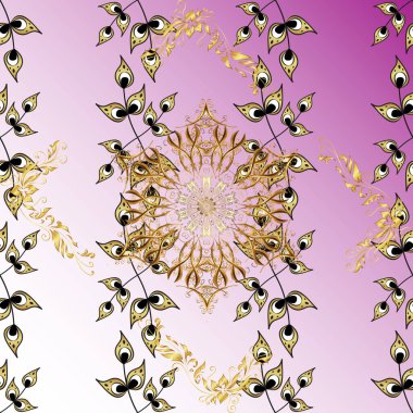 Damask pürüzsüz yineleme kalıbı. Mor, nötr ve pembe renklerde altın element. Antika altın tekrarlanabilir duvar kağıdı. Barok tarzında altın çiçekli süs..