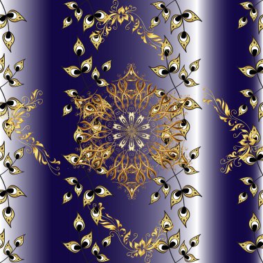 Duvar kâğıdı için altın süslü bir illüstrasyon. Çiçek süsüsüyle kusursuz desenli vektör. Süslü dantel iz sürücü. Doğu tarzında klasik tasarım öğesi. Geleneksel Arap dekoru menekşe, mavi renk