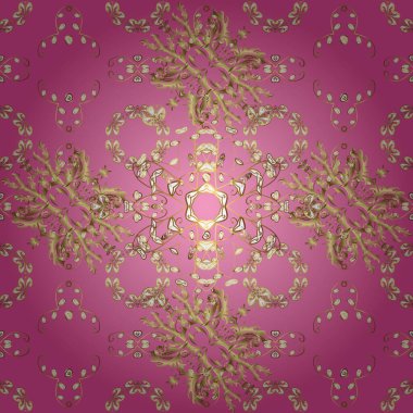 Kusursuz oryantal klasik altın desen. Pembe, nötr ve sarı renkler üzerinde altın tekrarlayan elementler içeren soyut vektör arkaplanı.