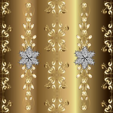 Vektör altın çiçek süsü brokar kumaş ve cam desenli. Kusursuz altın desen. Çiçek desenli altın metal. Altın elementli bej, nötr ve kahverengi renkler.