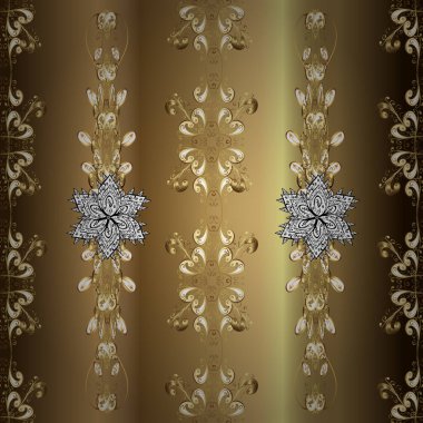 İslam tasarımı. Kusursuz desenli oryantal süs. Vektör altın tekstil izi. Çiçek kiremitleri. Kahverengi, nötr ve bej üzerine altın desenli altın elementler.