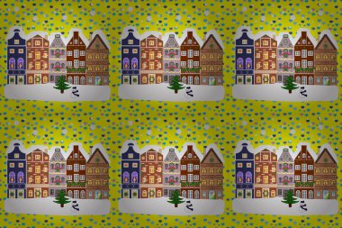 Raster illüstrasyonu. Kahverengi, beyaz ve sarı renkler üzerine Noel illüstrasyonu. Mutlu yıllar. Evle birlikte mutlu noel kartları.