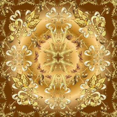 Retro barok süslemelerle süslenmiş kaligrafik süsler. Kahverengi, sarı ve bej renkli çizimler. Kusursuz. Posterler, pankartlar, davetiyeler için klasik tasarım koleksiyonu. Vektör.