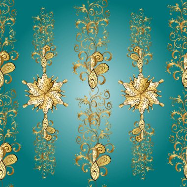 Tekstil ve hatıra defteri için güzel bir desen. Sarı, mavi ve kahverengi renklerdeki desenler. Barok tarzında kusursuz. Rococo tarzında zarif, zarif bir süs. Vektör çizimi. Klasik biçim.