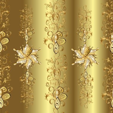 Klasik lüks, eski moda İspanyol aksesuarı, kraliyet Victoria mezhebi. Vektör damaskesiz şablon arkaplanı. Sarı, kahverengi renkli resimler. Zarif çiçekli barok şablonu. Kusursuz doku.