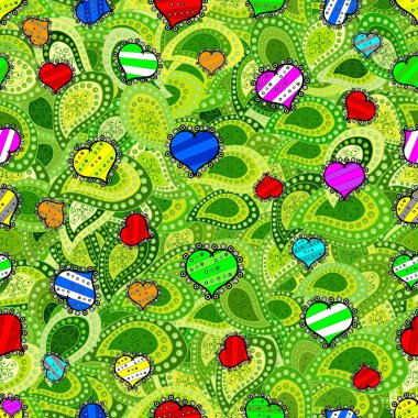 Sevimli kalpler yeşil, siyah ve sarı renkler güzel arka planda sever. Sevgililer gününün kusursuz bir geçmişi var. Alışılmadık tasarımlar. Vektör illüstrasyonu.