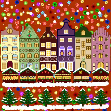 Kardan adam yapan Noel banliyölerindeki evlerin vektör çizimi. Vektör çizimi. Turuncu, kahverengi ve beyaz renkler üzerine resim.