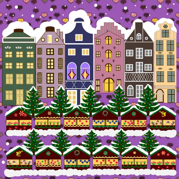 Paisaje Navideño Plano Ilustración Vectorial Tarjeta Felicitación — Archivo Imágenes Vectoriales