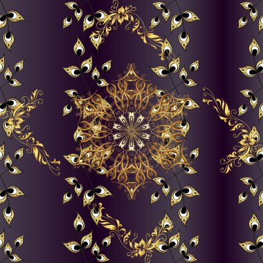 Damask pürüzsüz süsü. Klasik oryantal desen mor, kahverengi ve mor renkler üzerinde. Geleneksel vektör ve altın desen.