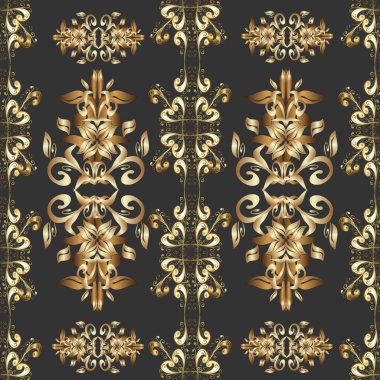Damask arkaplanı tekerrür ediyor. Gri, bej ve kahverengi renklerde altın element. Antika altın tekrarlanabilir duvar kağıdı. Barok tarzında altın çiçek süsü..