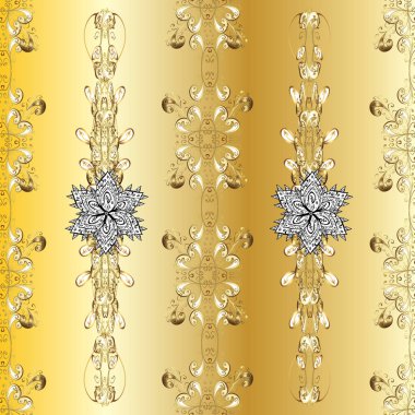 Altın antika ortaçağ dekoratifi, yaprakları ve altın desenli süslemelerle renksiz, sarı ve bej renklerde taşıyıcı desenler. Kusursuz kraliyet lüksü, altın barok kumaş rengi..