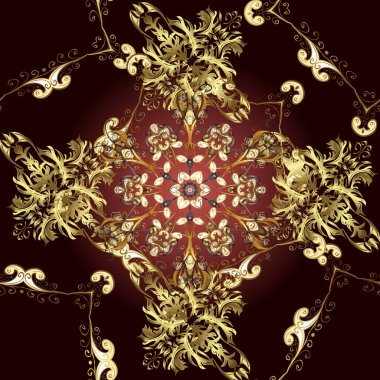 Siyah, sarı ve kahverengi yerine altın rengi klasik barok çiçeksiz desenler. Altın element siyah, sarı ve kahverengi renklerde. Süslü vektör dekorasyonu. Lüks, kraliyet ve Viktorya dönemi konsepti.