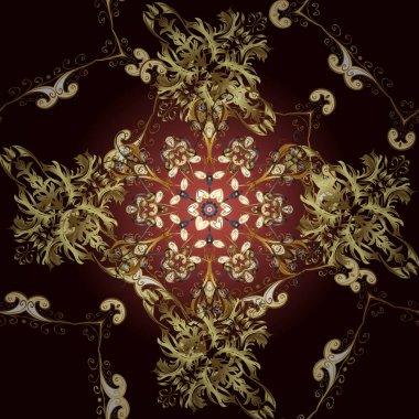 Noel, kar tanesi, yeni yıl 2019. Kahverengi, siyah ve sarı renklerde, altın elementlerle kusursuz klasik desen.