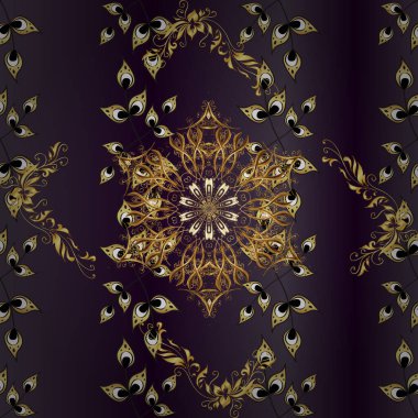 Paisley 'ler zarif çiçek desenli arka plan duvar kâğıdı çizimleri. Güzel, modaya uygun, modern, üç boyutlu sanat eseri, altın ve kahverengi, mor ve menekşe desenli çiçek yaprakları, süsler..