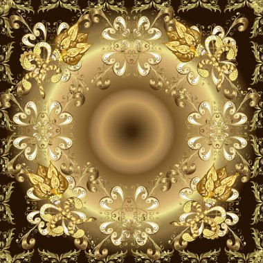 Bej, nötr ve kahverengi renklerde altın sarısı elementlerle altın pürüzsüz desen. Tekrarlayan elementlerle soyut vektör arkaplanı. Vektör çizimi. Kusursuz, klasik altın desen..