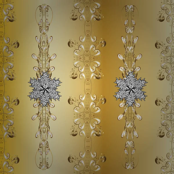 Vektör çizimi. Sarı, nötr ve bej renklerde, kusursuz desenli, altın rengi soyut çiçek deseni. Süsleme.