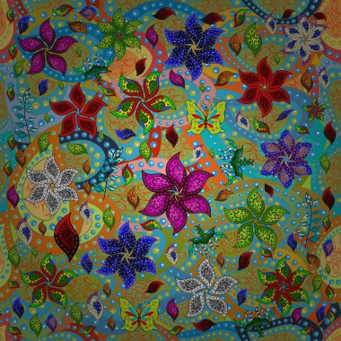 Vektör çizimi. El çizimi. Çiçekli, yapraklı, çiçeksiz çiçek desenli..