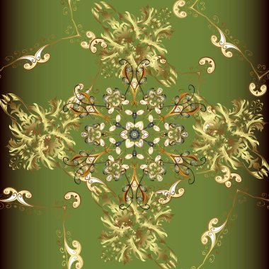 Altın mehndi kusursuz desen. Kına dövmeli süs çiçekleri, altın çıkartmalar, mehndi ve yoga tasarımı, kartlar ve parmak izleri. Yeşil, kahverengi ve sarı renkte desen.