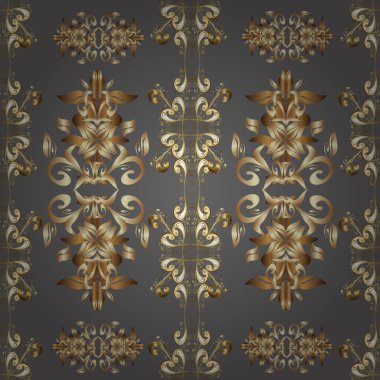 Vektör geometrik arkaplan. Altın rengi, kusursuz çizim. Senin tasarımın için, duvar kağıdı. Altın desenli gri, bej ve kahverengi desenli altın çiçekli elementler.