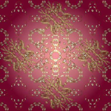 Barok tarzında kusursuz bir doğulu süsü. Geleneksel klasik altın desen. Vektör doğu süsü. Mor üzerine altın desenli, kırmızı ve pembe altın elementli.