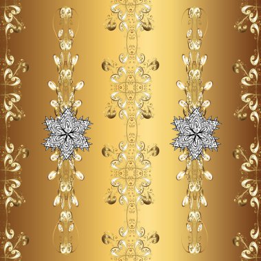 Noel altın kar tanesi kusursuz desen. Sarı, bej ve kahverengi renklerde altın kar taneleri. Kış kar dokusu duvar kağıdı. Sembol bayramı, yeni yıl kutlama vektörü altın desen.