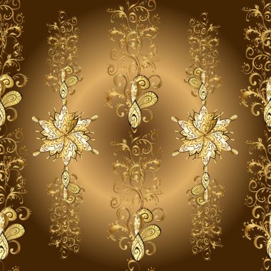 Kusursuz altın desenli bukleler. Doğu tarzı arabesk. Parlak dantel, stilize çiçekler, şal desenli. Açma düzeni. Altın elementlerle bej, kahverengi ve sarı renklerde kusursuz desen. Vektör.