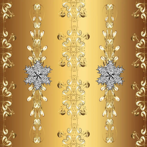 Noel altın kar tanesi kusursuz desen. Sarı, bej ve kahverengi renklerde altın kar taneleri. Kış kar dokusu duvar kağıdı. Sembol bayramı, yeni yıl kutlama vektörü altın desen.