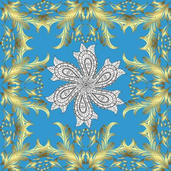 シームレスロイヤルラグジュアリーゴールデンバロックダマスクヴィンテージ ゴールドのアンティークな花の中世の装飾 葉や青 ニュートラル 黄色の黄金のパターンの装飾品を持つベクトルシームレスパターン — ストックベクタ