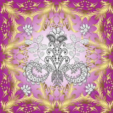 Zarif bir klasik vektör modeli. Tekrarlayan elementlerle kusursuz soyut arkaplan. Tarafsız, sarı, mor ve altın desenli.
