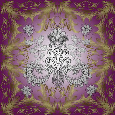 Kusursuz altın desen. Vektör doğu süsü. Altın desenli mor, sarı ve nötr renklerde altın elementler.