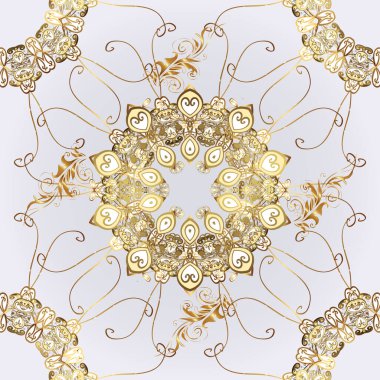 Kusursuz kraliyet lüksü, altın barok kumaş rengi. Kusursuz desenli altın antika çiçekli ortaçağ dekoratifi, yaprakları ve altın desenli süslemeleri nötr, kahverengi ve gri renklerde..