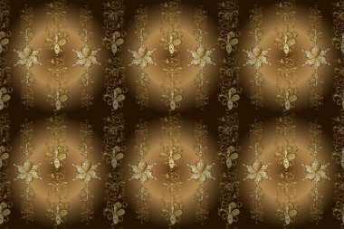 Zarif klasik model. Tekrarlayan elementlerle kusursuz soyut arkaplan. Bej, sarı, kahverengi ve altın desenli. Raster..