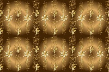 Kusursuz damaske klasik altın desen. Tekrarlayan elementlerle soyut arkaplan. Sarı, kahverengi ve bej renklerde, altın elementlerle altın pürüzsüz desen.