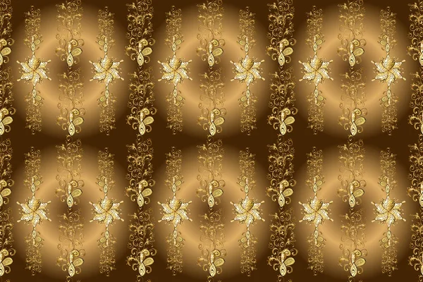 Kusursuz damaske klasik altın desen. Tekrarlayan elementlerle soyut arkaplan. Sarı, kahverengi ve bej renklerde, altın elementlerle altın pürüzsüz desen.