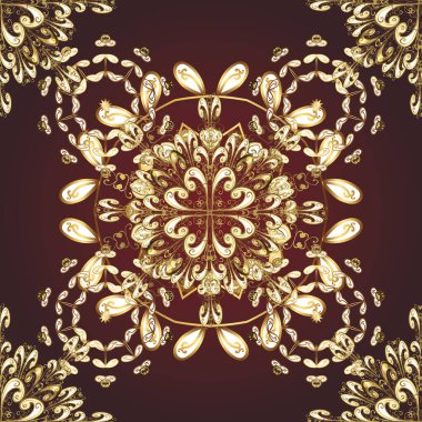 Kusursuz oryantal klasik altın desen. Bej, mor ve kahverengi renkler üzerinde altın tekrarlayan elementler içeren soyut arkaplan.