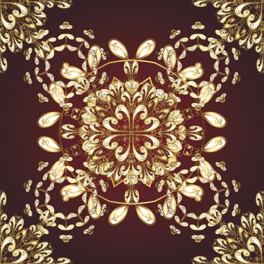 Damask arkaplanı tekerrür ediyor. Mor, bej ve kahverengi renklerde altın element. Antika altın tekrarlanabilir duvar kağıdı. Barok tarzında altın çiçek süsü..