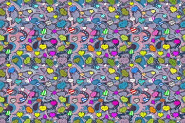 Sevgililer Günü tasarımı. Tarafsız, pembe ve mavi renklerde elementler. Elle çizilmiş kalplerle kusursuz bir aşk deseni.