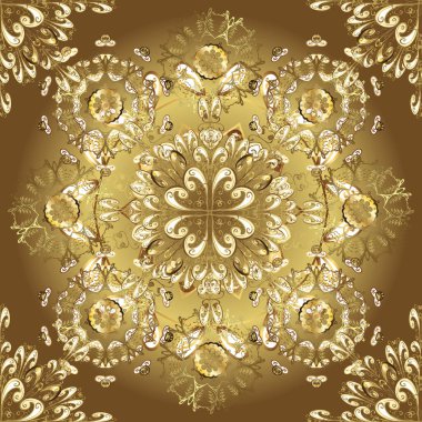 Dekoratif simetri arabesk. Kusursuz ortaçağ çiçek deseni. Bej, kahverengi ve sarı renklerde altın. Doğum günü, davetiye ya da afiş için tebrik kartı.
