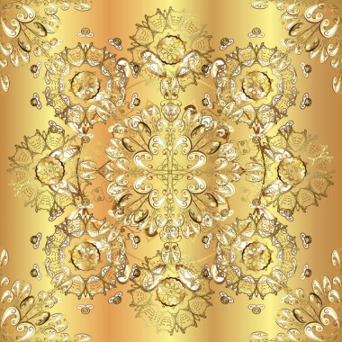 Kusursuz desenli altın elementler. Klasik çiçek dokusu. Sarı, bej ve kahverengi renklerin kraliyet retro 'su. Kart, duvar kağıdı, ambalaj ve tekstil için klasik tasarım. Altın şablon.