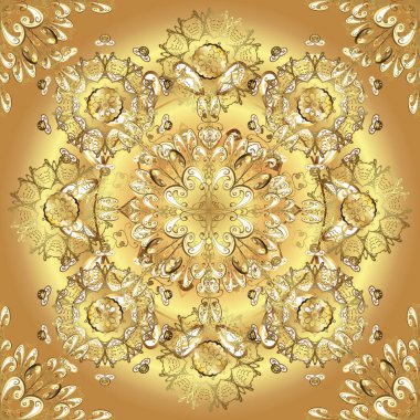 Geleneksel Arap dekoru bej ve sarı renklerde. Doğu tarzında klasik tasarım öğesi. Duvar kâğıdı için altın süslü bir illüstrasyon. Çiçek süsü ile kusursuz desen. Süslü dantel iz sürücü.