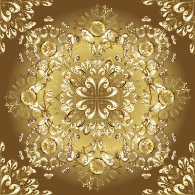 Damask pürüzsüz yineleme kalıbı. Sarı, bej ve kahverengi renklerde altın element. Barok tarzında altın çiçekli süs. Antika altın tekrarlanabilir duvar kağıdı.