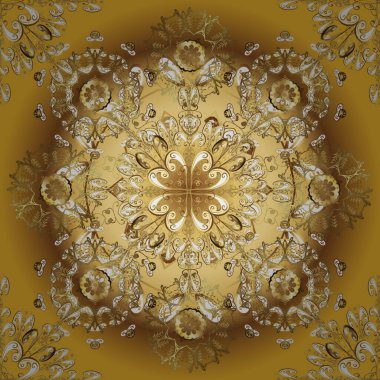 Barok tarzında kusursuz bir doğulu süsü. Geleneksel klasik altın desen. Altın elementlerle bej, kahverengi ve sarı renklerde altın desenler. Vektör oryantal süsü.