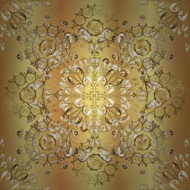 Altın elementlerle bej, kahverengi ve sarı renklerde altın desenler. Barok tarzında duvar kağıdı tasarımı için kusursuz damaske deseni arkaplanı. Süsleme vektör dekorasyonu.
