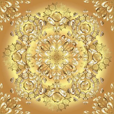 Kusursuz vektör arkaplanı. Duvar kâğıdı barok, İspanyol kumaşı. Kahverengi, bej ve sarı renklerde altın elementler. Çiçek deseni. Şekil grafik deseni.