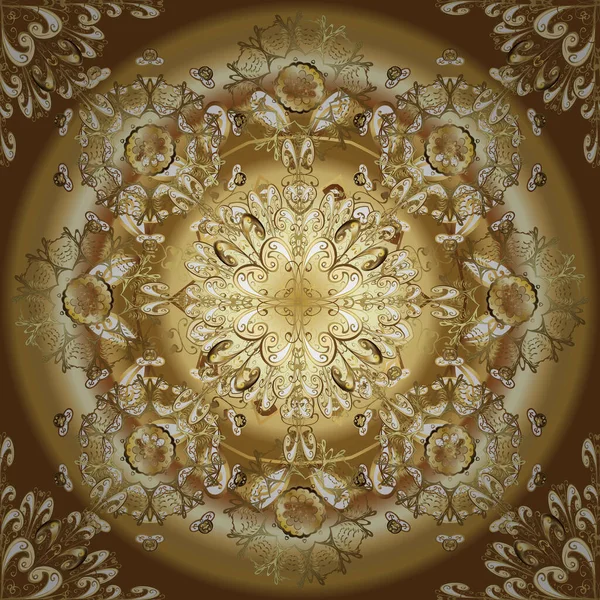 Damask背景 金花饰品 巴洛克风格 棕色和米黄色的金色元素 金花无缝图案 — 图库矢量图片