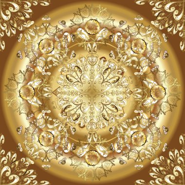 Çiçek süsü kumaş deseni, cam, altın elementlerle bej, kahverengi ve sarı renklerde çiçek desenli metal. Klasik altın pürüzsüz desen.